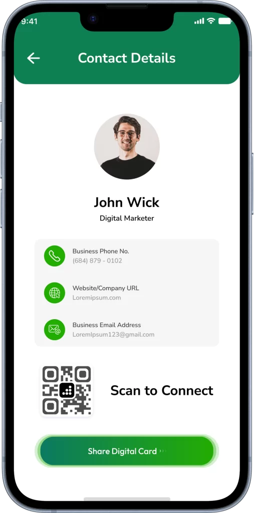 My Digital Card Contact Details screen