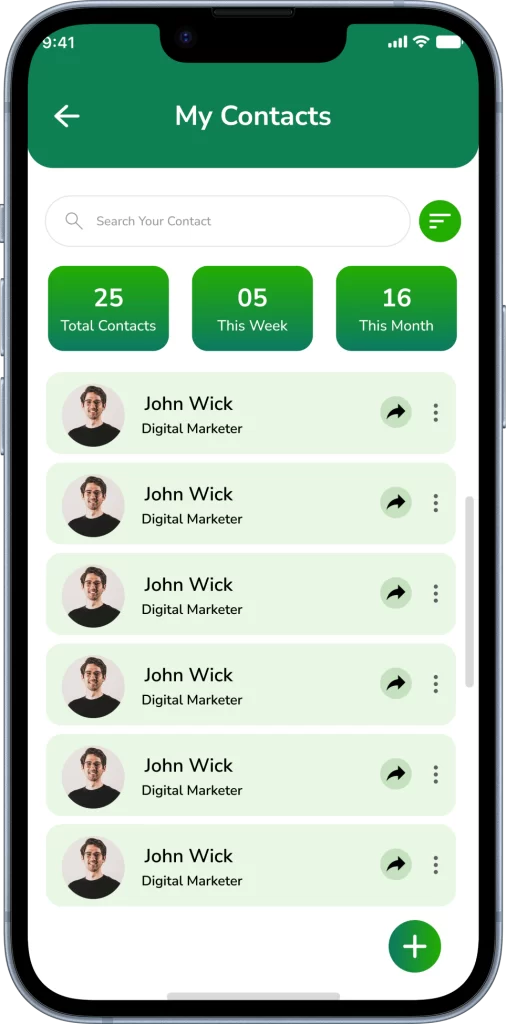 My Digital Card My contacts screen