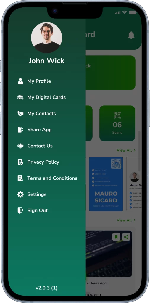 My Digital Card Side menu screen