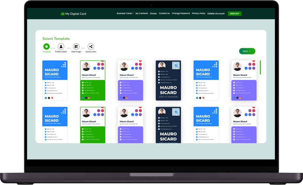 My Digital Card Web App Select Template Screen