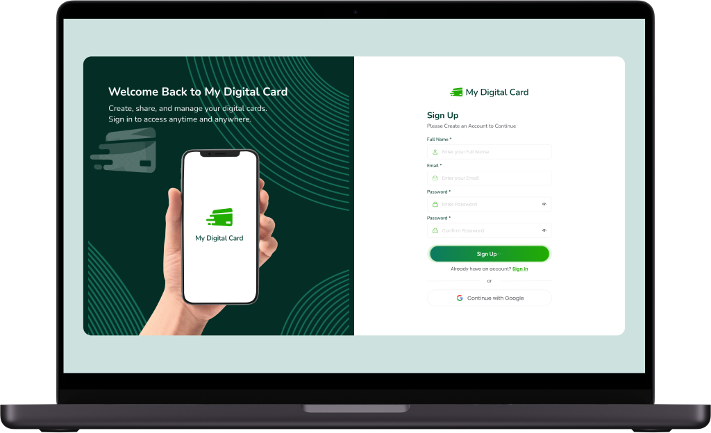 My Digital Card Web App Sign-up Screen