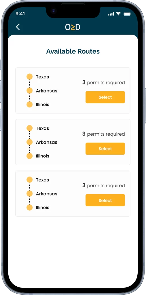 Overdims Available routes screen