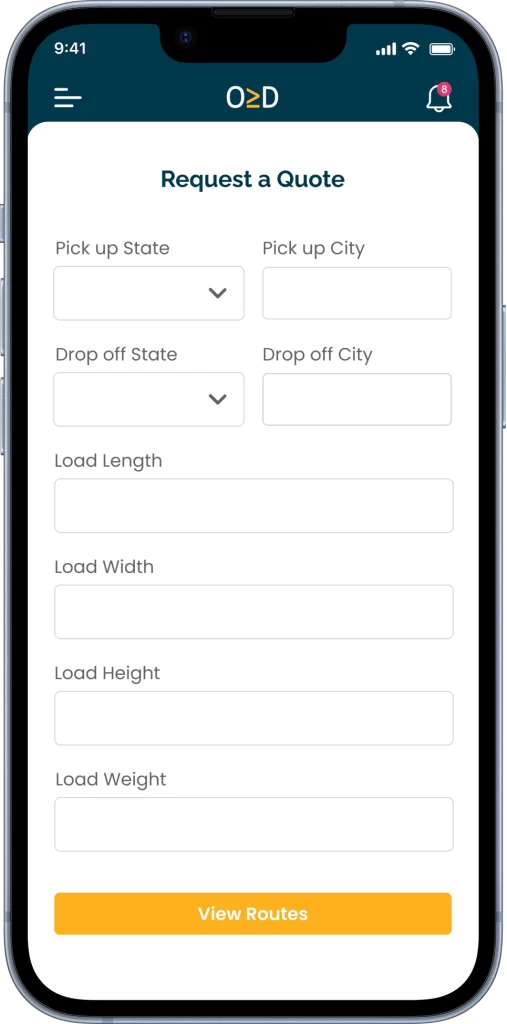 Overdims Request a Quote Screen
