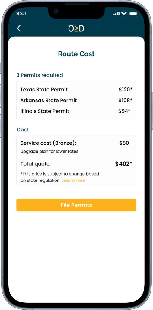 Overdims Route Cost Screen