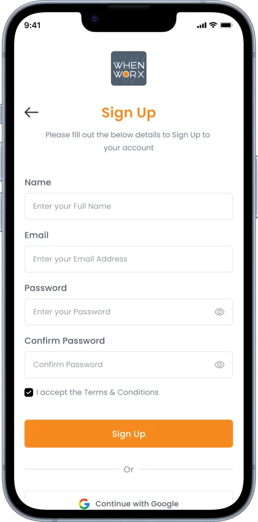 WhenWorx Sign-Up Screen